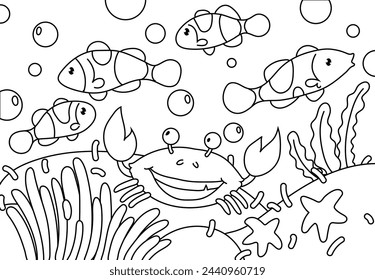 Underwater landscape coloring book for adults with cute crab and clown fish. Printable Coloring book Outline black and white.