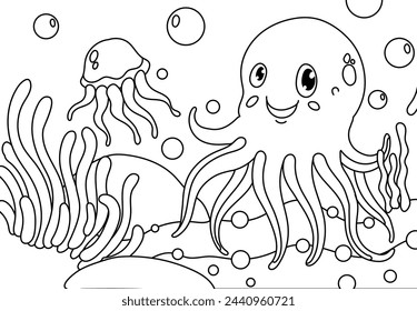 Underwater landscape coloring book for adults with cute octopus. Printable Coloring book Outline black and white.