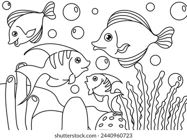 Underwater landscape coloring book for adults. Printable Coloring book Outline black and white.