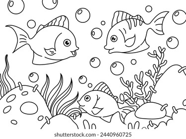 Underwater landscape coloring book for adults. Printable Coloring book Outline black and white.