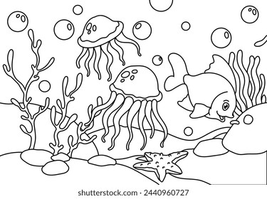 Underwater landscape coloring book for adults with cute jelly fish. Printable Coloring book Outline black and white.