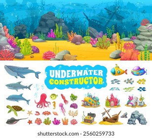 Underwater landscape constructor, game asset kit with ocean bottom vector elements. Cartoon whale, sea fish, shark and dolphin animals, treasure chest, sunken ship and submarine underwater landscape