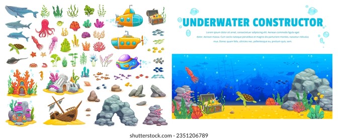 Underwater landscape constructor kit. Cartoon animals, seaweeds, submarines and fairytale houses. Vector tropical fish shoals, octopus, whale, shark and dolphin, treasure chest, sunken ship, rocks set