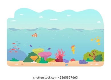 Underwater landscape of coral reefs vector illustration. Cartoon isolated seabed scene with levels of blue water and tropical undersea wild life, schools of fish swimming among seaweed and bubbles