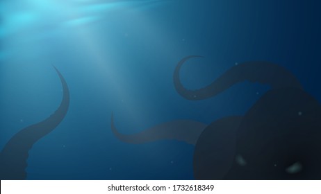 Underwater landscape with creepy giant kraken, sea mythological monster with tentacles