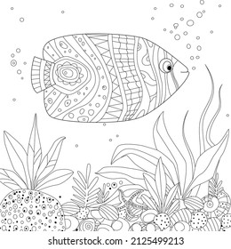 underwater landscape with cute funny fish. starfish, shell on pebble bottom with seaweed for your coloring book