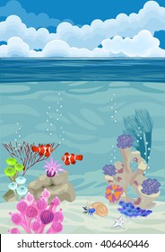 underwater landscape with different corals and clown fish