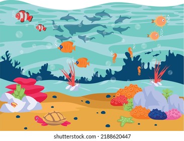 Underwater landscape with Different types of sea Animals concept,  Clownfish undersea wildlife vector icon design, seabed scenery symbol, Tropical Sea Under Water Surface stock illustration, 