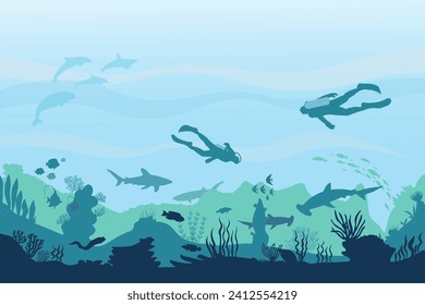 Underwater landscape with divers, algae and fish silhouettes. Vector illustration.