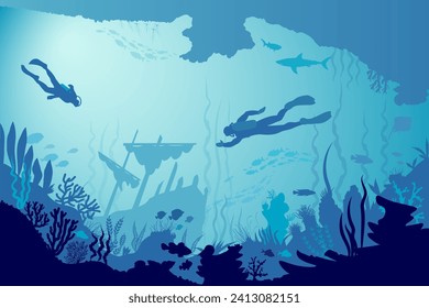 Underwater landscape with divers, silhouettes of sunken ship, fish and seaweed. Vector illustration	
