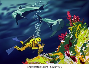 Underwater landscape with dolphins and a scuba diver.