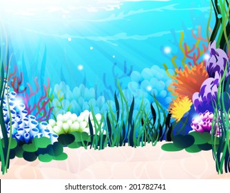 Underwater landscape with exotic plants and corals