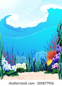 Underwater landscape with exotic plants and corals