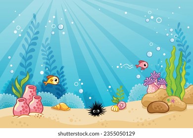 Underwater landscape with fish, plants, algae and corals. Vector Illustration in cartoon style. Sea ocean.