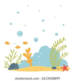 Underwater landscape with fish, seaweed and starfish. Vector illustration.
