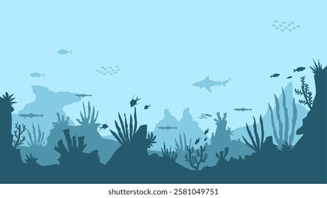 Underwater landscape of fishes and coral reefs scenery. Panoramic view of tropical fish and a shark in aquatic environment. Vector illustration of marine life with sea animal and nautical vegetation