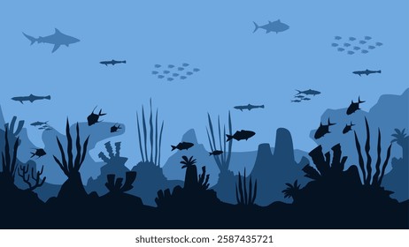 Underwater landscape of fishes and coral reefs scenery. Panoramic view of tropical fish and a shark in aquatic environment. Vector illustration of marine life with sea animal and nautical vegetation