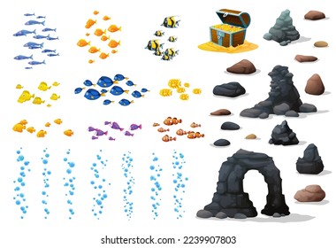 Underwater landscape game assets, fish shoal, stones and treasure chest, vector air bubbles and grotto rock. Sea or ocean game cartoon UI asset elements of coral reef and Caribbean pirate treasure