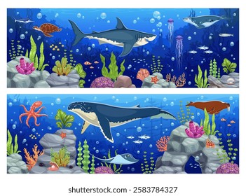 Underwater landscape game background with cartoon sea animals and seaweeds. Sea wildlife vector backdrop, underwater nature landscape wallpaper with shark, whale, seal, turtle and octopus, stingray