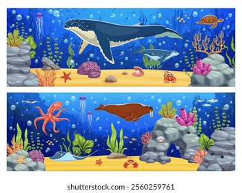 Underwater landscape game background with sea animals characters on coral reef bottom, vector game UI. Cartoon whale, octopus, walrus, jellyfish and crab, fish shoals and starfish underwater landscape