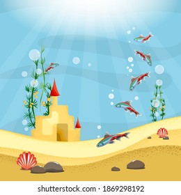 Underwater landscape, golden sand and sand castle under water, water and sun glare, aquarium setting with waterfowl colorful fish neon, algae green