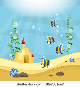 Underwater landscape, golden sand and sand castle under water, water and sun glare, aquarium setting with waterfishes, striped yellow fish, green algae and shells