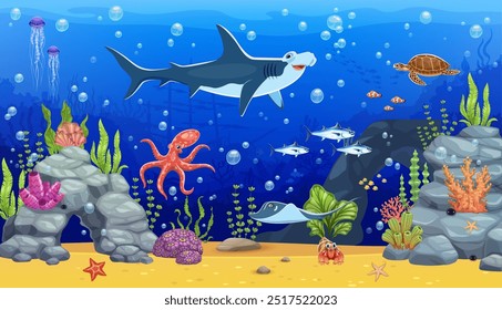 Paisaje submarino con tiburón martillo, pulpo y otros animales marinos y bancos de peces en medio de corales y algas marinas. Fondo del océano del Vector de la historieta con diversa vida marina, barco hundido, burbujas y rocas