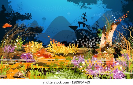 Underwater landscape and marine wildlife Images of tropical anemone fish and coral reefs on the blue sea background Nature of living things that live together. Illustration - vector