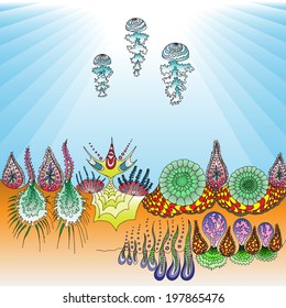 Underwater landscape, ocean background with jellyfish, hand drawing, original imaginary, vector.