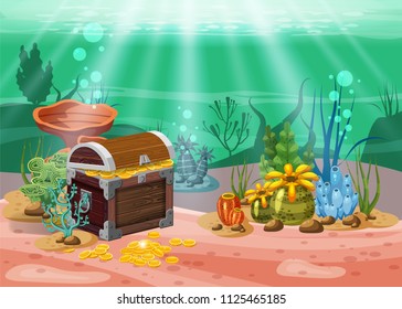 Underwater landscape. The ocean and the undersea world with different inhabitants, corals and pirate chest . Web and mobiles game design or screen savers. Cartoon style, isolated