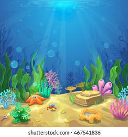 Underwater landscape. The ocean and the undersea world with different inhabitants, corals and starfish, marine life vector