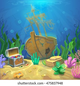 Underwater landscape. The ocean and the undersea world with different inhabitants, corals and pirate chest and sunken ship. Web and mobiles game design or screen savers.