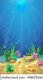 Underwater landscape. The ocean and the undersea world with different inhabitan, Mobile format vector marine life illustration