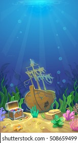 Underwater landscape. The ocean, undersea world. pirate chest with treasures and sunken ship.