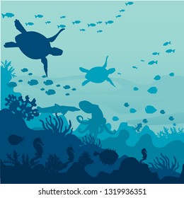 underwater landscape, octopus, vector, blue