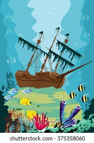 underwater landscape with old pirate ship