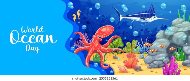 Underwater landscape paper cut banner with octopus and swordfish among coral reefs. Vector 3d scene embodies the beauty of marine life and celebrates World Ocean Day, promoting ocean conservation