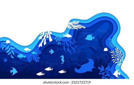 Underwater landscape in paper cut style featuring a variety of marine life inside of layered 3d vector frame with blue ocean or sea depth, teeming with fish, seaweed, stingray and coral silhouettes