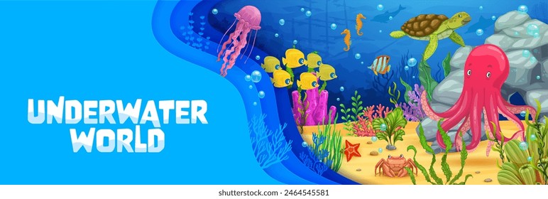 Unterwasserlandschaft mit Papierschnittwellen und Meerestieren. Cartoon-Vektorgrafik Seestückhintergrund mit Oktopus, Schildkröte, Quallen, Seepferdchen und Krabben, Korallen und Seetang auf sandigem Grund innerhalb von 3D-Rahmen