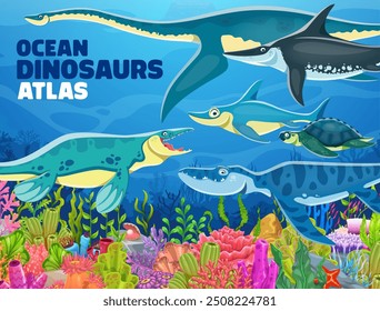 Paisaje submarino con personajes prehistóricos de dinosaurios y reptiles, fondo de portada de libro de Vector. Dinosaurios submarinos marinos y oceánicos prehistóricos y reptiles dino acuáticos en el paisaje submarino