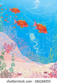 Underwater landscape with red fish
