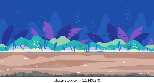 Underwater landscape river bottom with plants, nature game background in simple colors and flat style, tileable horizontally