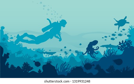 underwater landscape, scuba diver vector blue, contour drawing