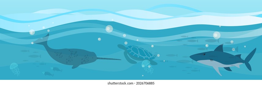 Underwater landscape with sea creatures. Large predatory marine mammals, killer whale and narwhal in ocean. Fish and marine life swimming in salty sea water. Whales and fishes, aquatic world