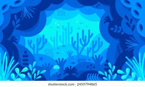 Underwater landscape. Sea with fish and coral reef. Underwater background with seaweed and fish silhouettes. Flat style background