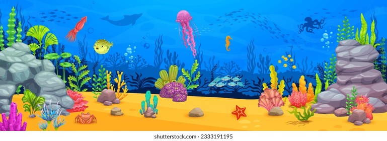 Underwater landscape. Sea game level featuring mesmerizing coral reefs, vibrant marine life, and challenging obstacles. Vector gui interface background, dive into the depths and explore ocean wonders