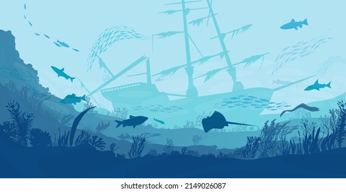 Underwater Landscape, Sea Or Ocean Undersea With Ship Wrecks, Vector Silhouette Background. Deep Under Water Or Undersea Landscape With Sunken Shipwreck, Fishes And Seaweed Of Coral Reef