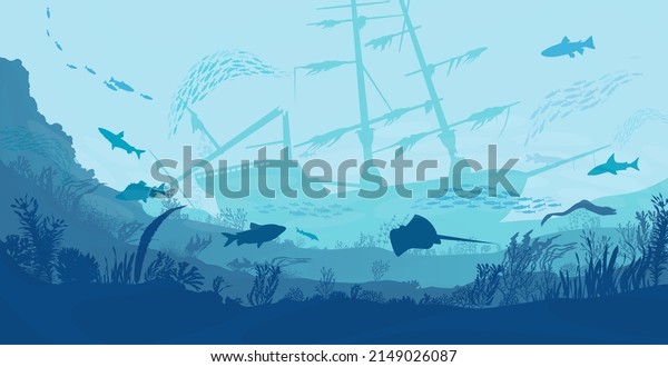 Underwater landscape, sea or ocean undersea with\
ship wrecks, vector silhouette background. Deep under water or\
undersea landscape with sunken shipwreck, fishes and seaweed of\
coral reef