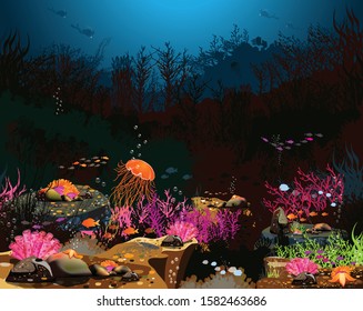 Underwater landscape - sea and underwater world where many animals live, rocks, coral reefs and aquatic plants for printing, creating video or graphic design, web card user interface, posters - vector