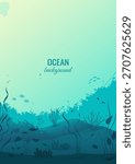Underwater landscape of the seabed. Ocean flora and fauna. Coral reefs, algae, seagrass, and fish. Vector illustration.